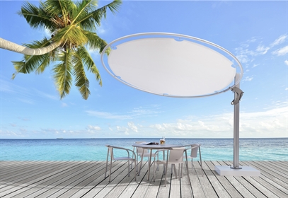 Outdoor Patio Umbrellas covering a residential patio overlooking the water