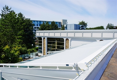 A skylight window with an external motorized window screen in white